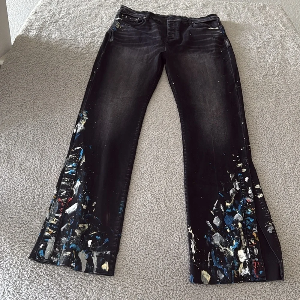 AMIRI Black Flare Wide Leg Jeans with Embellishments Paint size 38